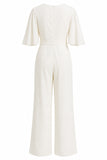 Simple Ivory V-Neck Wedding Jumpsuit with Pocket