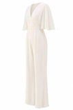 Simple Ivory V-Neck Wedding Jumpsuit with Pocket