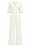 Simple Ivory V-Neck Wedding Jumpsuit with Pocket
