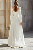 Simple Ivory Square Neck Sweep Train A Line Wedding Dress with Sleeves