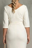 Ivory Plus Size Sheath Cowl Neck Midi Work Dress with Halft Sleeves