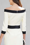 Black White Off the Shoulder Sheath Midi Work Dress