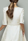 Ivory Jacquard A Line Midi Work Dress with Belt