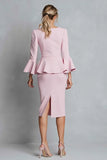 Pink Ruffled Sheath Work Dress with Sleeve