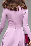Lilac Round Neck A Line Midi Work Dress with Belt