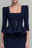 Navy Ruffled Square Neck Sheath Midi Work Dress