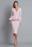V Neck Ruffled Sheath Pink Midi Work Dress