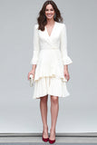 Ivory V-Neck Sheath Long Sleeves Midi Work Dress with Ruffles