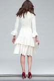 Ivory V-Neck Sheath Long Sleeves Midi Work Dress with Ruffles