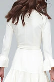 Ivory V-Neck Sheath Long Sleeves Midi Work Dress with Ruffles
