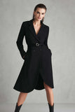 Black Satin Notched Lapel Buttons Long Sleeves Midi Work Dress with Belt