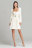 Ivory A Line Square Neck Long Sleeves Short Work Dress with Belt