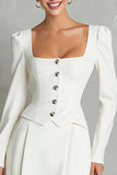 Ivory 2 Piece Square Neck Crepe Single Breasted Midi Work Dress with Sleeves