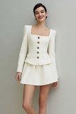 2 Piece Ivory Tweed Square Neck Single Breasted Long Sleeves Short Work Dress