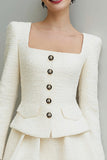 2 Piece Ivory Tweed Square Neck Single Breasted Long Sleeves Short Work Dress