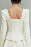 2 Piece Ivory Tweed Square Neck Single Breasted Long Sleeves Short Work Dress