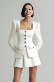 2 Piece Ivory Tweed Single Breasted A Line Work Dress with Sleeves