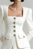 2 Piece Ivory Tweed Single Breasted A Line Work Dress with Sleeves