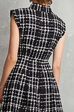 Black Tweed Plaid Single Breasted A Line Midi Work Dress