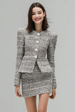 Grey 2 Piece Tweed Pencil Single Breasted Short Work Dress with Sleeves