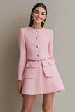 Pink 2 Piece Tweed A Line Long Sleeves Single Breasted Short Work Dress with Pockets