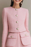 Pink 2 Piece Tweed A Line Long Sleeves Single Breasted Short Work Dress with Pockets