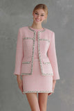 2 Piece Pink Tweed Bodycon Long Sleeves Short Work Dress