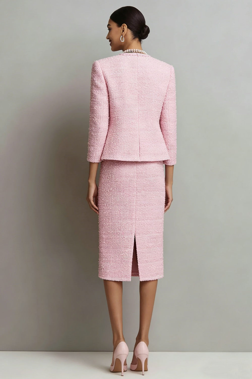 tweed long sleeve dress Zapaka Women Pink Work Dress Sheath Tweed 2-piece Midi Long Sleeve Semi Formal Dress, Pink / XL