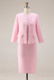Pink Sheath Tweed 2-piece Long Sleeve Work Dress