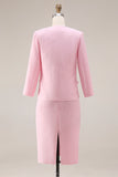 Pink Sheath Tweed 2-piece Long Sleeve Work Dress