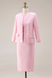 Pink Sheath Tweed 2-piece Long Sleeve Work Dress