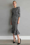 Black Grid Mermaid Work Dress with Ruffles