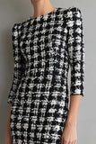 Black Grid Mermaid Work Dress with Ruffles