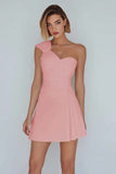 One Shoulder A Line Ruched Little White Dress