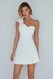 One Shoulder A Line Ruched Little White Dress