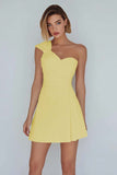 One Shoulder A Line Ruched Little White Dress