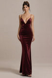 Burgundy Velvet Spaghetti Straps Mermaid Formal Dress