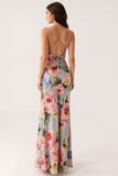 Grey Blue Floral Spaghetti Straps Mermaid Evening Dress