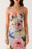 Grey Blue Floral Spaghetti Straps Mermaid Evening Dress