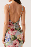 Grey Blue Floral Spaghetti Straps Mermaid Evening Dress