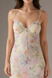 Pink Spaghetti Straps Floral Sheath Evening Dress