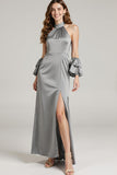 Halter Grey Satin Formal Dress with Slit
