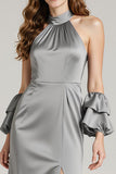 Halter Grey Satin Formal Dress with Slit