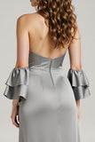 Halter Grey Satin Formal Dress with Slit