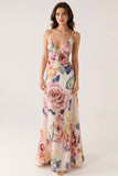 Pink Floral Spaghetti Straps Sheath Evening Dress