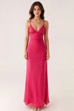 Fuchsia V Neck Sheath Backless Long Evening Dress