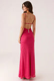 Fuchsia V Neck Sheath Backless Long Evening Dress