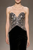 Sparkly Strapless Black Mermaid Velvet Evening Dress