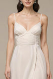 Ivory Chiffon A Line Spaghetti Straps Corset Long Prom Dress with Slit