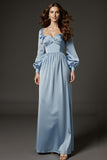 Light Blue Satin Sheath Sweetheart Long Formal Dress with Sleeves
